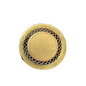 VINTAGE MONOGRAMMED ETCHED "HB” ROUND GOLD TONE BROOCH PIN